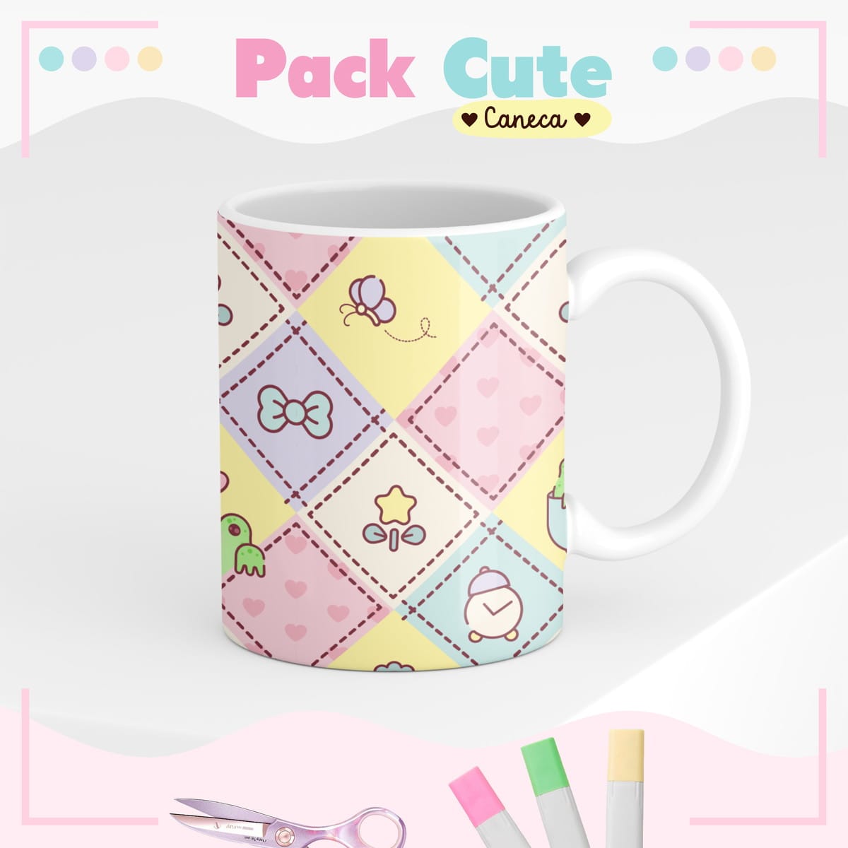 Agenda Infantil Kawaii Cute Arquivo Digital Personalizável 2 Arte digital de estampa patchwork com ícones fofos em tons pastel para caneca.