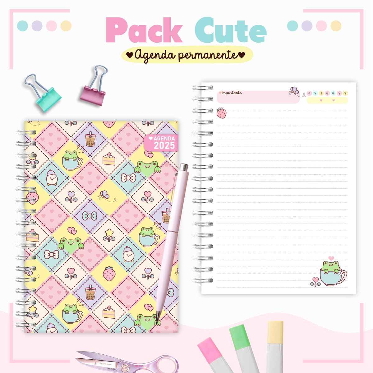 Agenda Infantil Kawaii Cute Arquivo Digital Personalizável 1 Arte digital de agenda e caderno fofos com tema de sapos e doces.