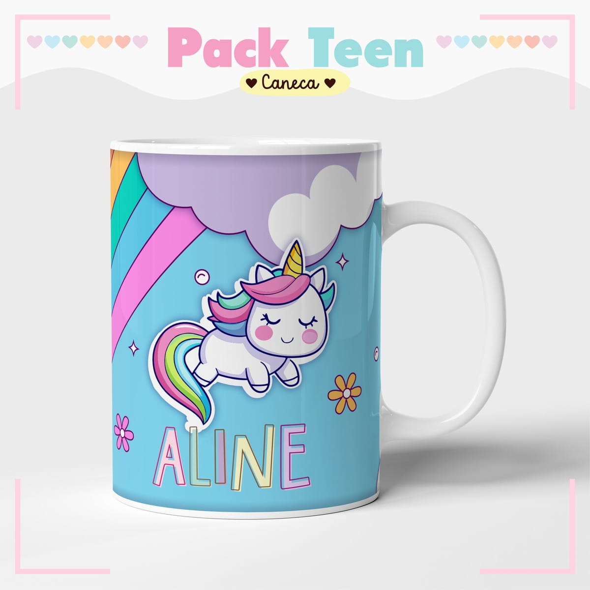 Agenda Infantil Permanente Unicórnio para Personalizar 2 Arte digital colorida para caneca com unicórnio, arco-íris e nuvens fofas.