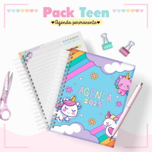 Agenda Infantil Permanente Unicórnio para Personalizar 10 Arte digital de agenda 2025 com unicórnios, caneta e tesoura colorida.