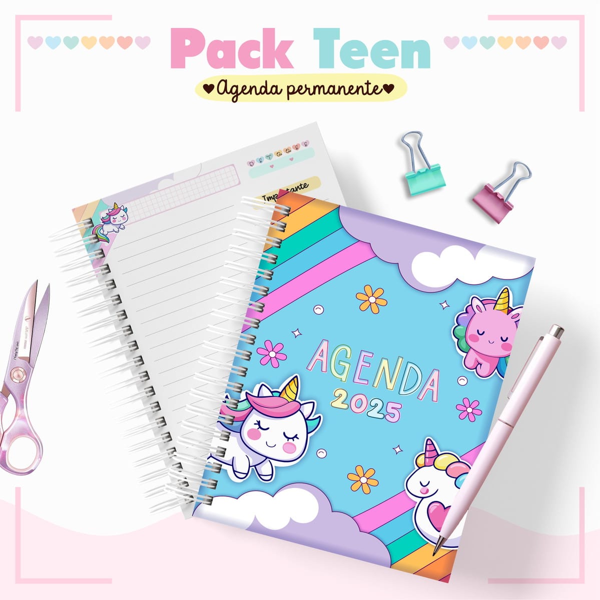 Agenda Infantil Permanente Unicórnio para Personalizar 1 Arte digital de agenda 2025 com unicórnios, caneta e tesoura colorida.