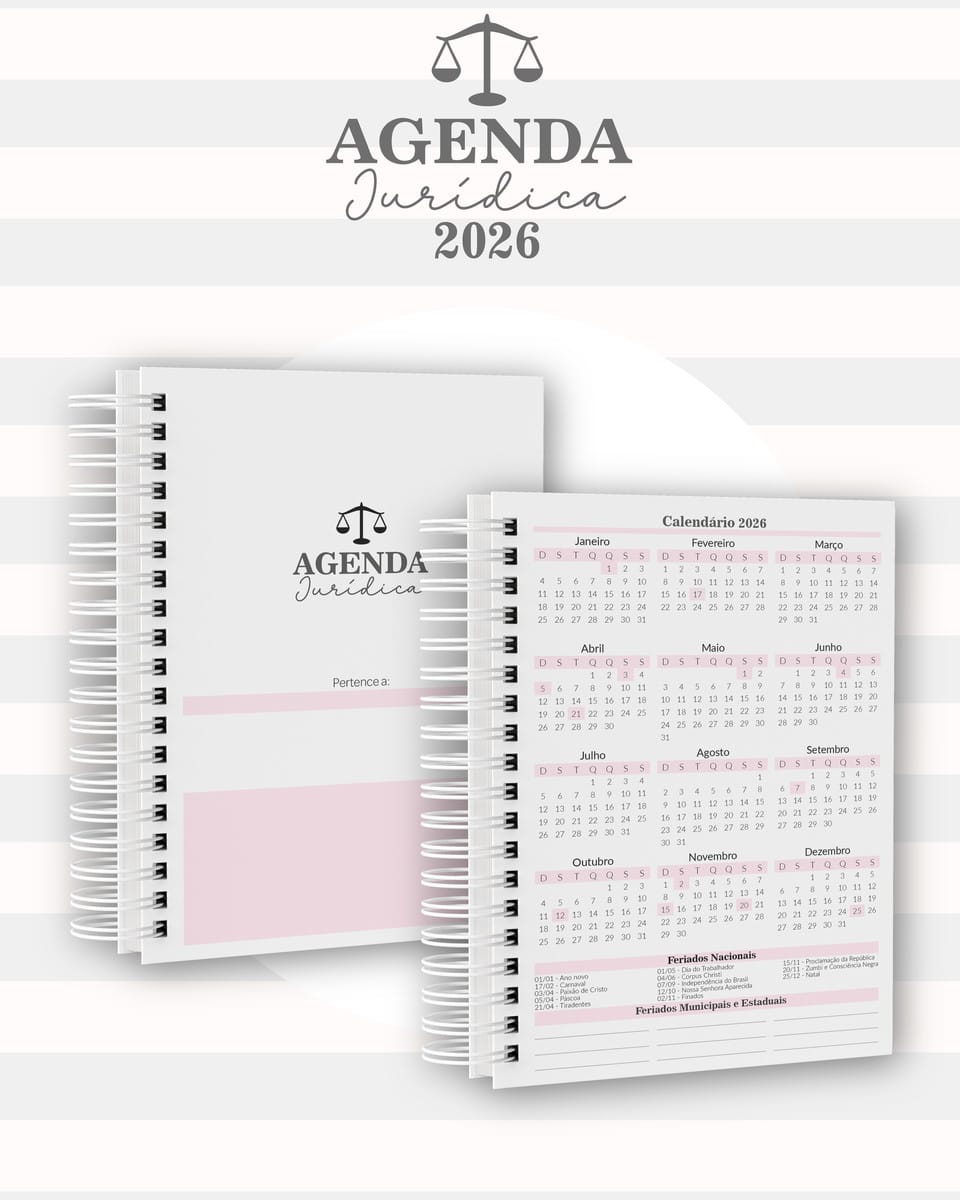 Agenda Jurídica 2026 Digital com 11 Capas para Sublimação 3 Duas agendas em espiral com calendário do ano de 2026 e símbolos jurídicos.