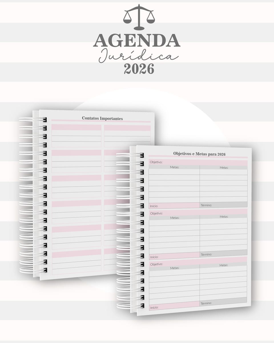 Agenda Jurídica 2026 Digital com 11 Capas para Sublimação 4 Duas páginas de uma agenda espiral exibindo campos para contatos, objetivos e metas pessoais.