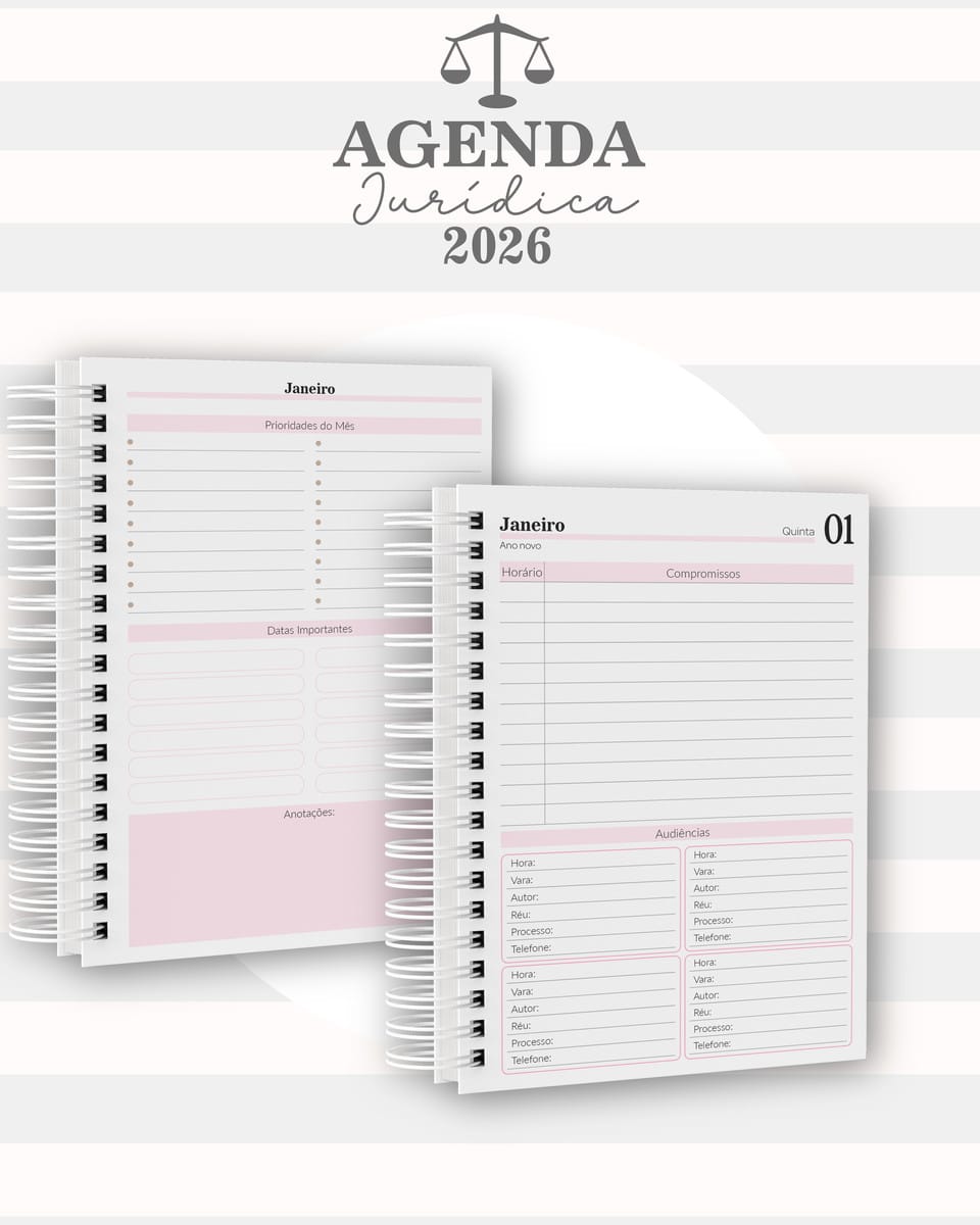 Agenda Jurídica 2026 Digital com 11 Capas para Sublimação 5 Duas páginas de agenda jurídica espiralada com campos para compromissos, audiências e datas.