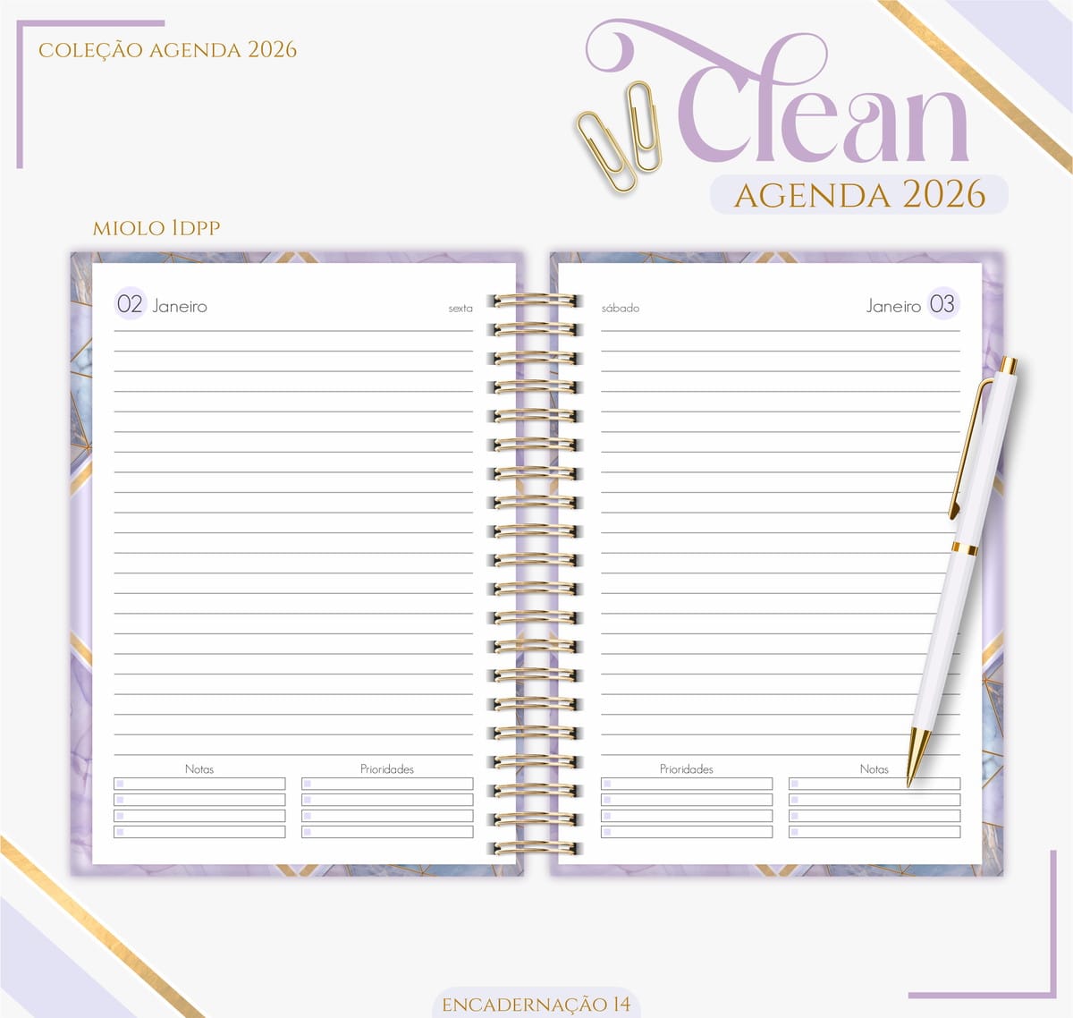 Agenda Lilás 2026 Digital para Imprimir e Encadernar 2 Agenda aberta com páginas pautadas em espiral dourada e caneta branca