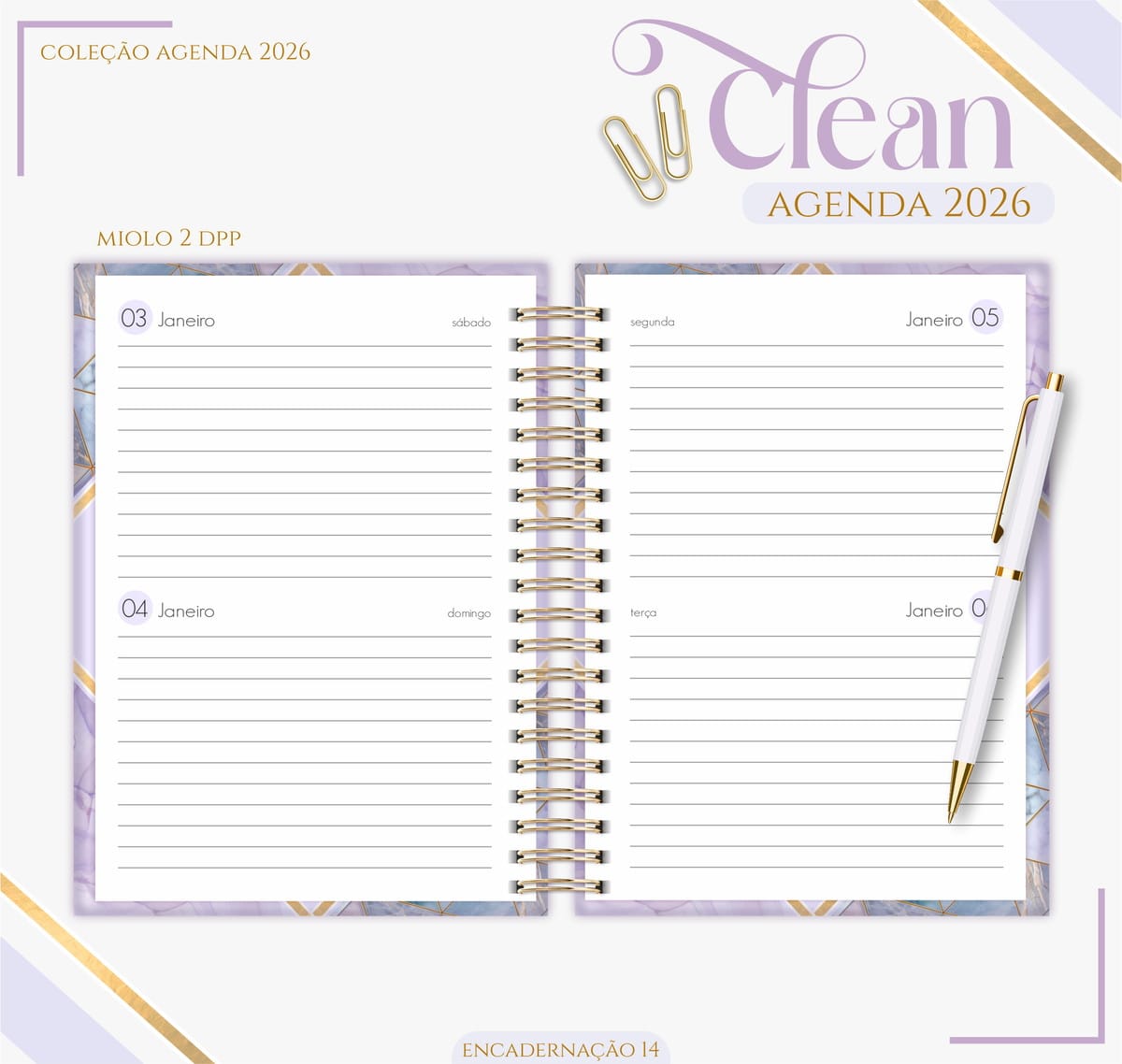 Agenda Lilás 2026 Digital para Imprimir e Encadernar 3 Agenda aberta com páginas pautadas, espiral dourada e caneta branca ao lado.