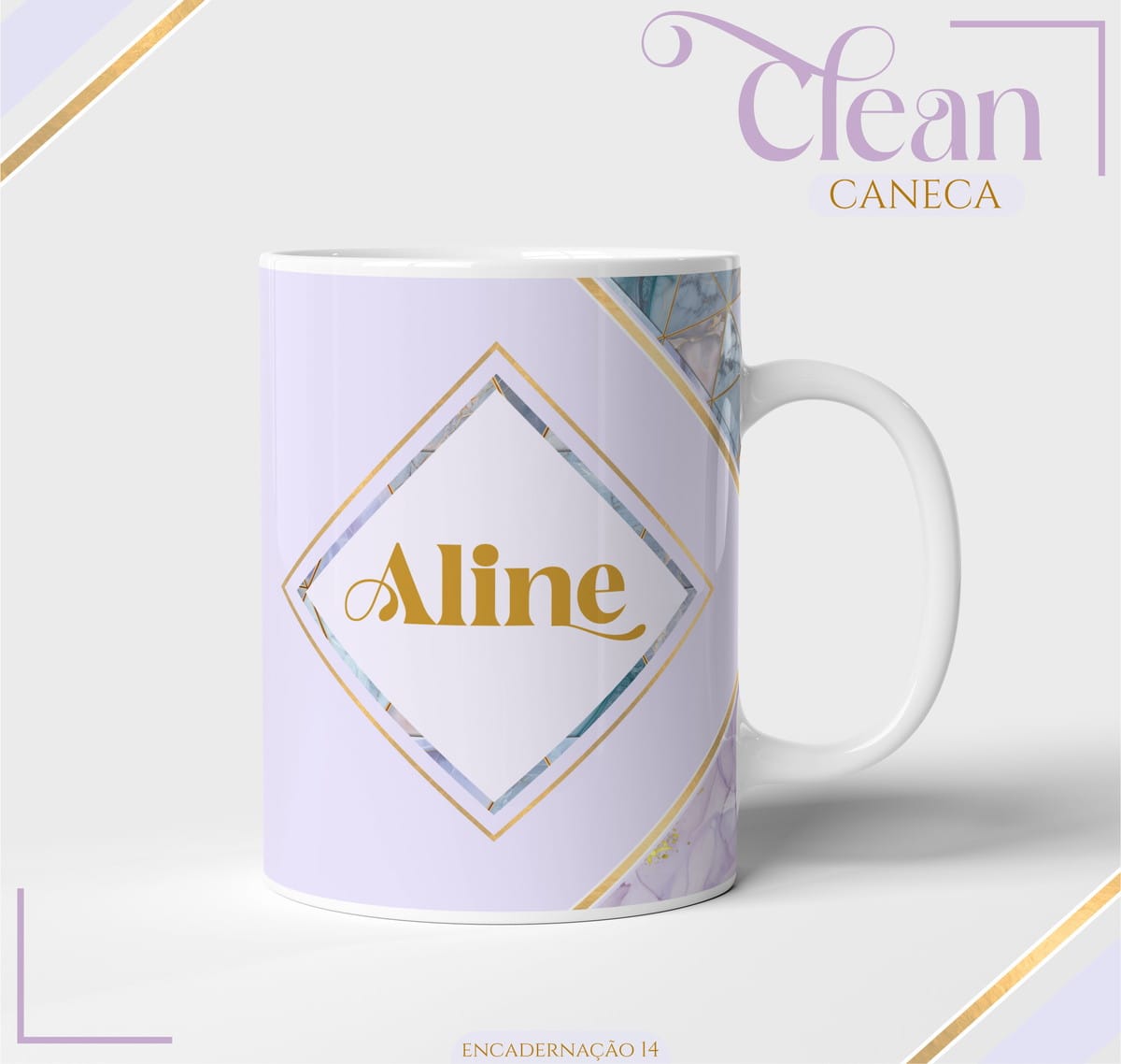 Agenda Lilás 2026 Digital para Imprimir e Encadernar 4 Caneca branca estampada com losango dourado e nome em fundo lilás marmorizado.