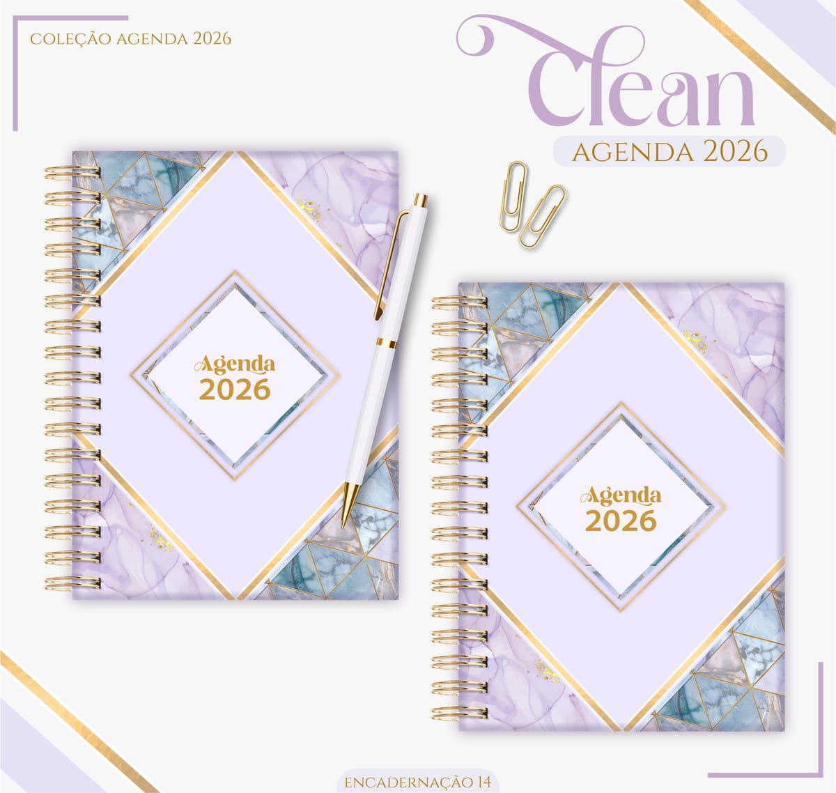 Agenda Lilás 2026 Digital para Imprimir e Encadernar 1 Duas agendas espirais roxas com detalhes marmorizados e caneta branca sobre fundo claro.