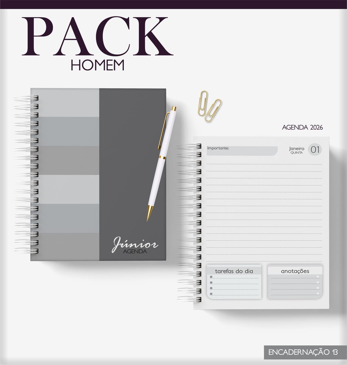 Agenda Masculina 2026 Kit Digital para Sublimação 1 Capa de agenda cinza com listras e caneta branca sobre fundo claro.