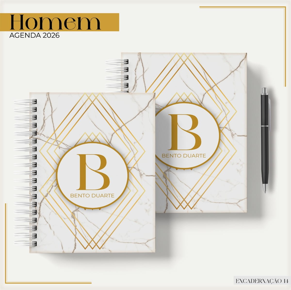 Agenda Masculina 2026 para Personalizar e Revender 1 Duas agendas com capa de mármore branco e detalhes dourados geométricos