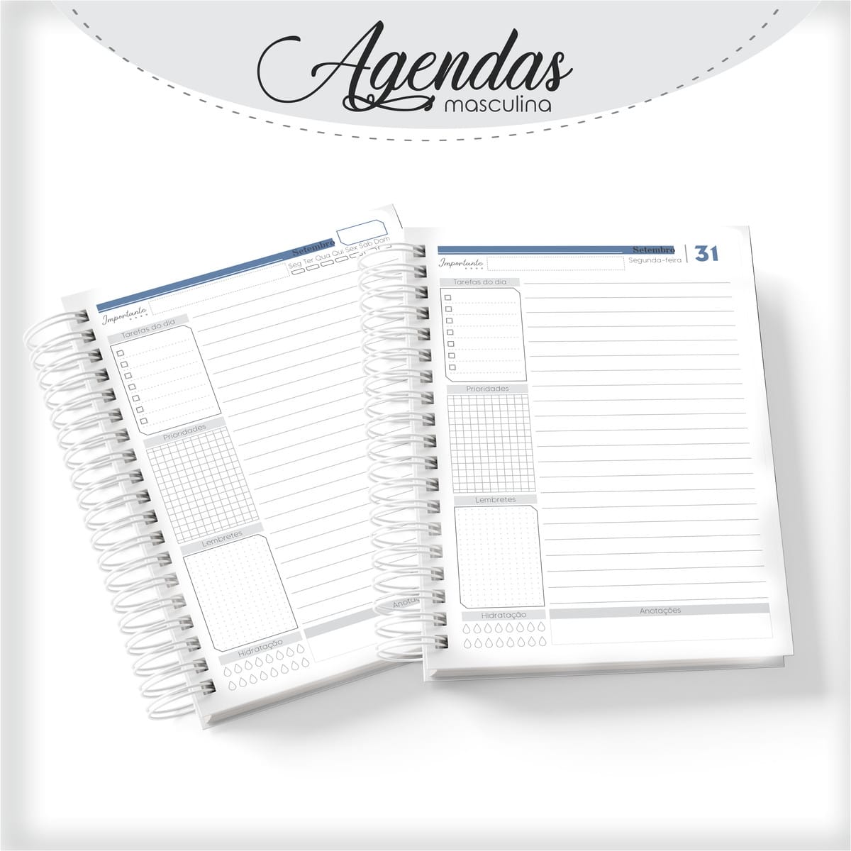 Agenda Masculina Cinza Personalizável Arquivo Digital Canva 2 Duas páginas abertas de uma agenda com pautas e divisões organizadas.