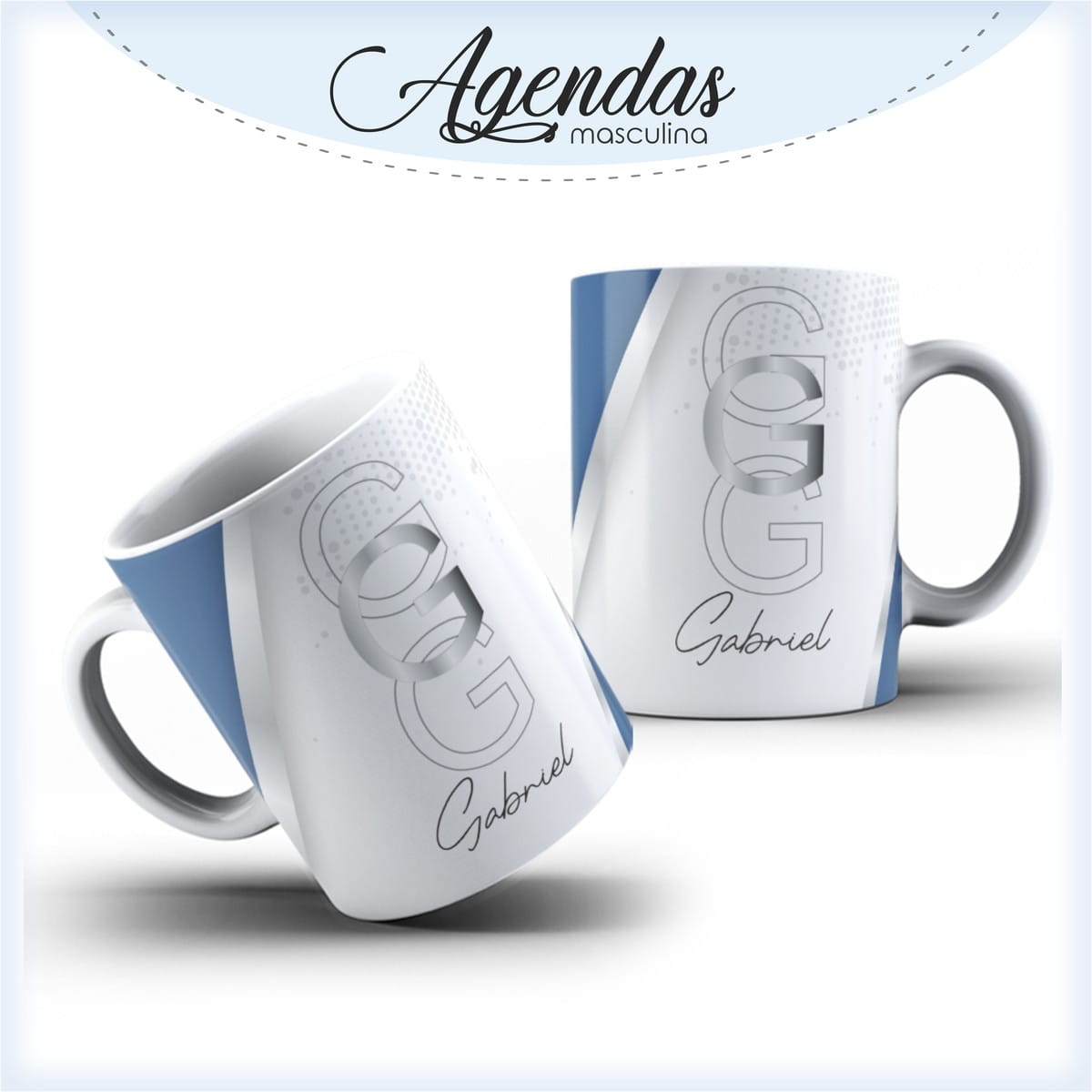 Agenda Masculina Cinza Personalizável Arquivo Digital Canva 3 Duas canecas brancas com estampa azul, cinza e texto personalizado.