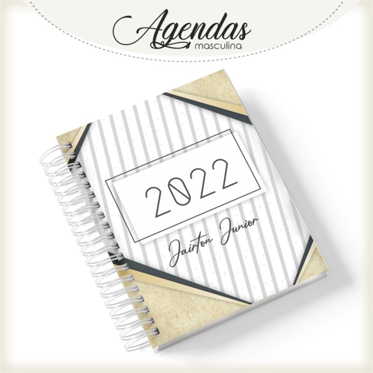 Agenda Masculina Digital Bege para Sublimação e Encadernação 1 Capa de agenda com espiral branca listrada contendo o ano de 2022.