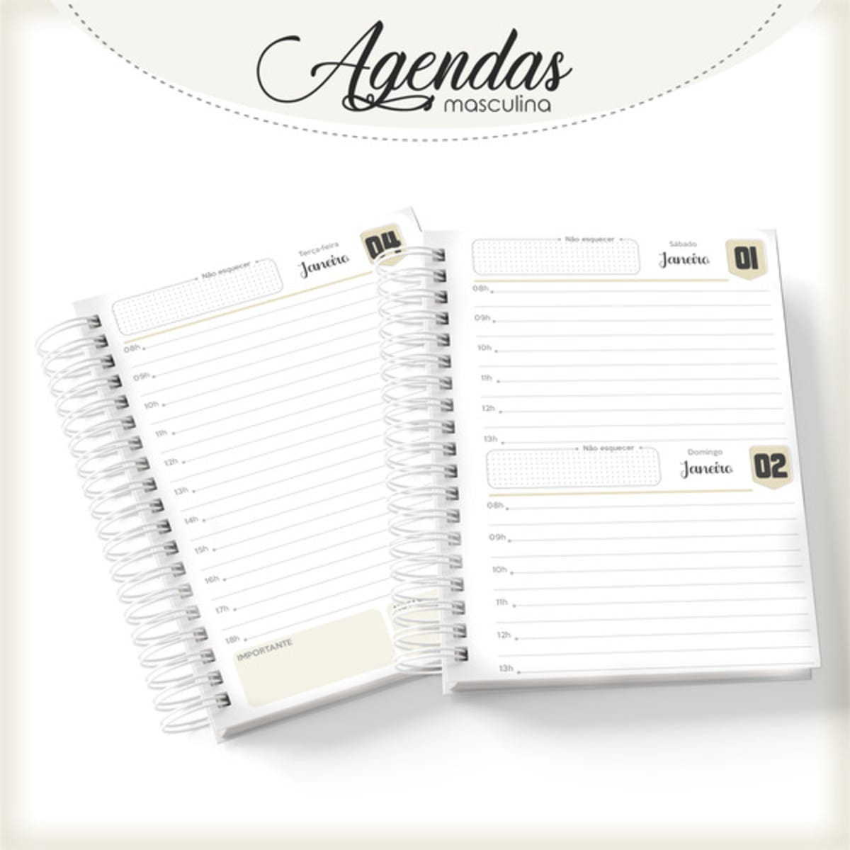 Agenda Masculina Digital Bege para Sublimação e Encadernação 2 Duas páginas abertas de uma agenda com espiral branca e linhas para anotações.