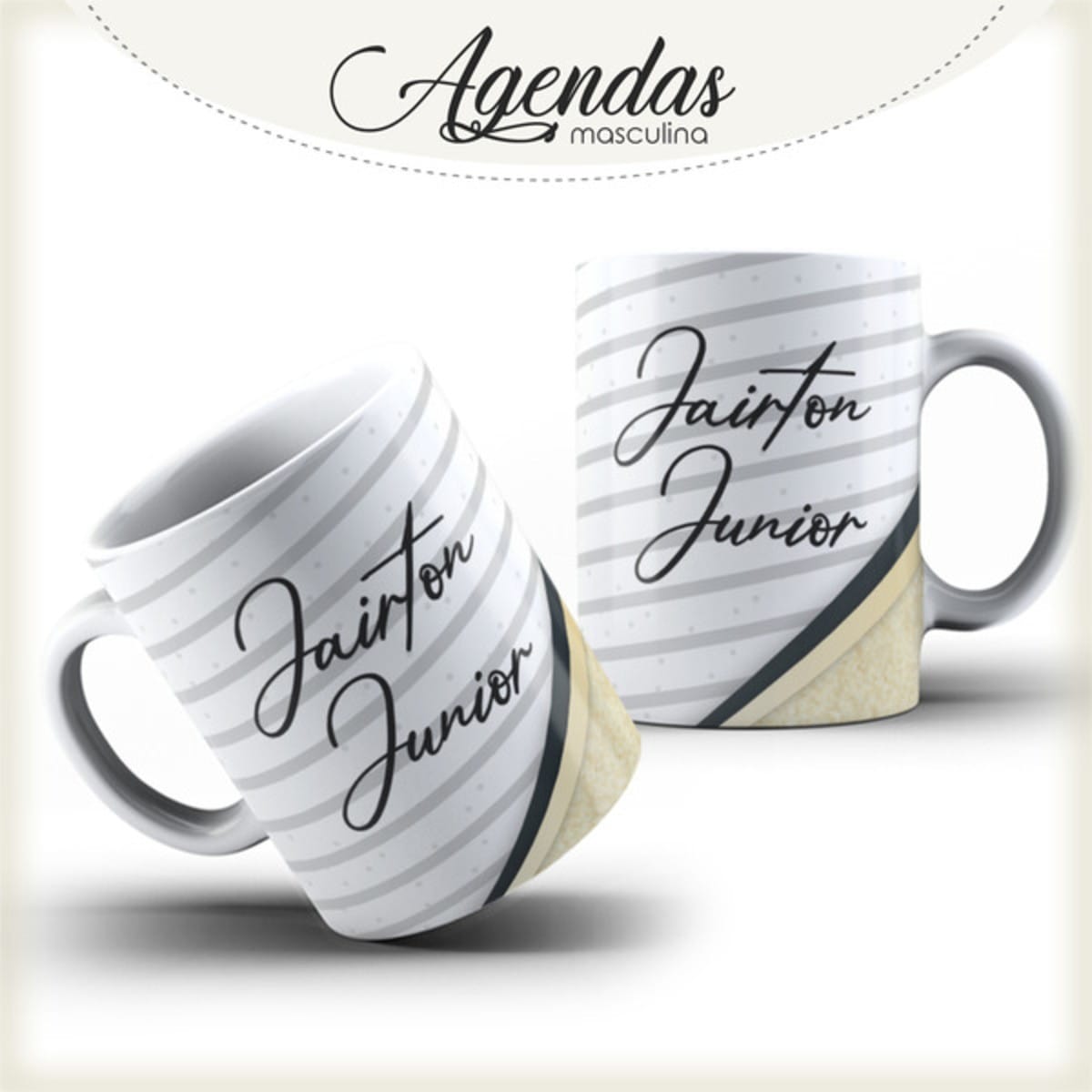 Agenda Masculina Digital Bege para Sublimação e Encadernação 3 Duas canecas brancas com estampa de listras cinzas e nome personalizado.