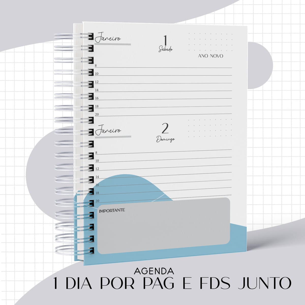 Kit Agenda Masculina Direito 2022 Digital para Personalizar 3 Agenda digital aberta exibindo os dias 1 e 2 de janeiro com horários e notas.