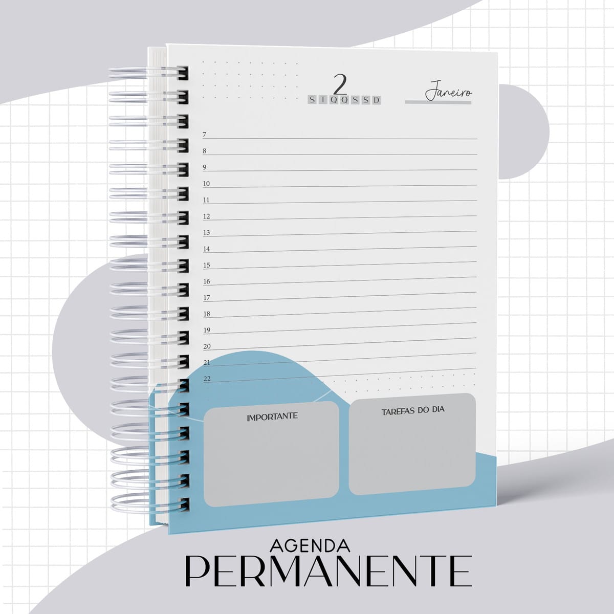 Kit Agenda Masculina Direito 2022 Digital para Personalizar 4 Agenda permanente digital aberta, mostrando página de janeiro com horários e seções.