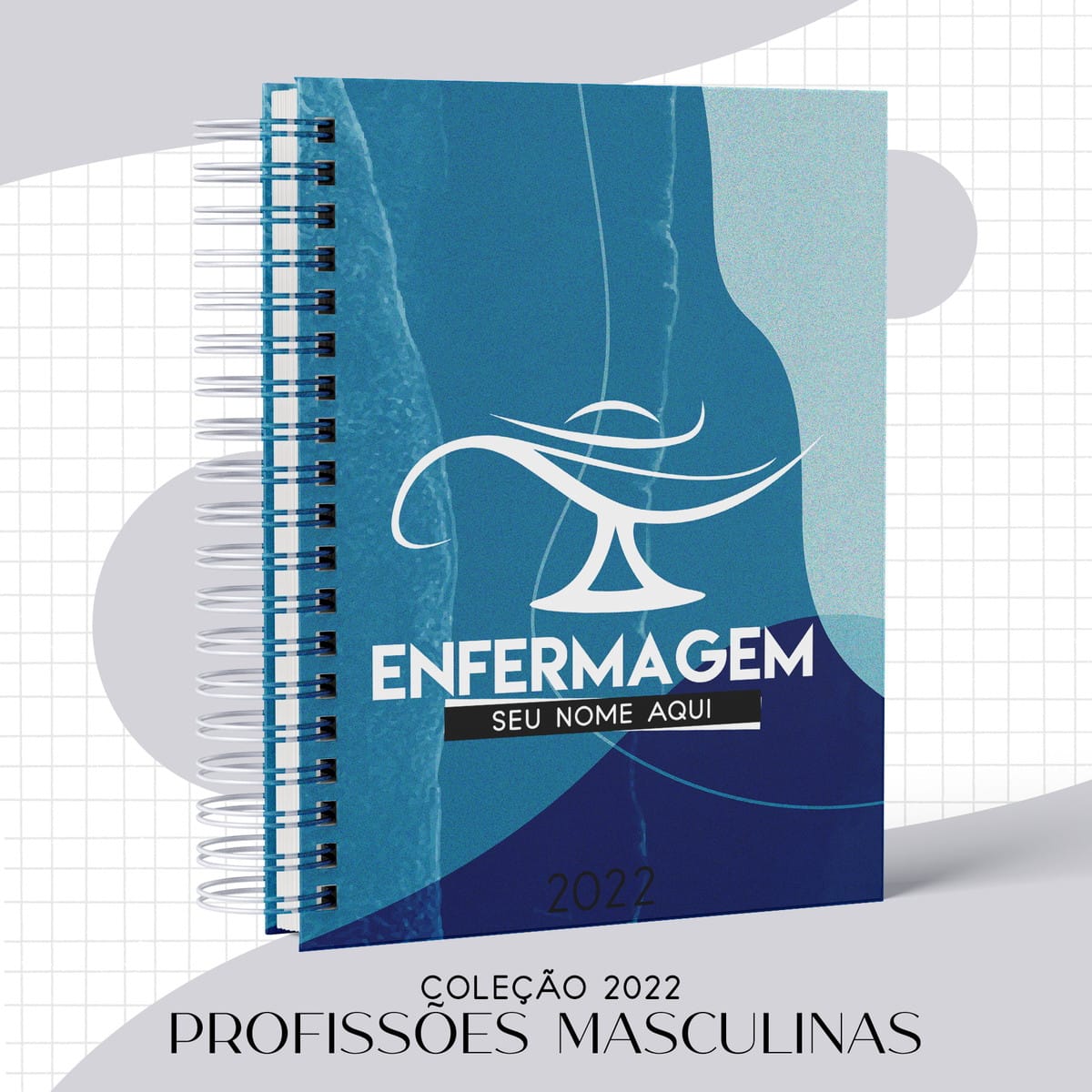 Agenda Masculina Enfermagem 2022 Personalizável 1 Arte digital de agenda azul para Enfermagem, com símbolo e espaço para nome.