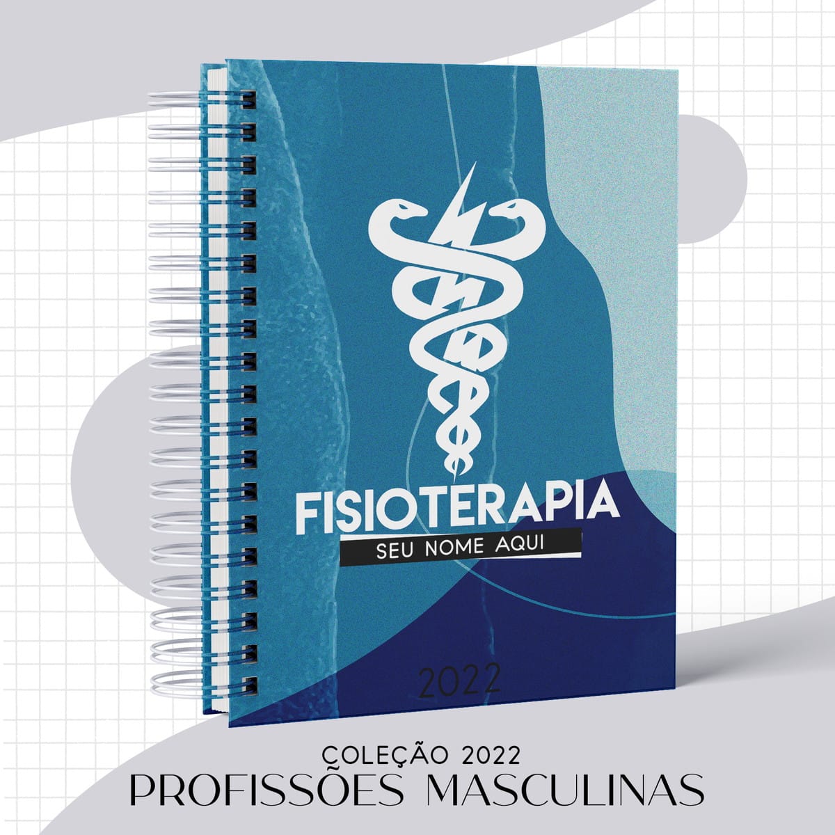 Agenda Masculina Fisioterapia 2022 Digital Editável 1 Arte digital de capa para fisioterapia, azul com símbolo e texto personalizável.