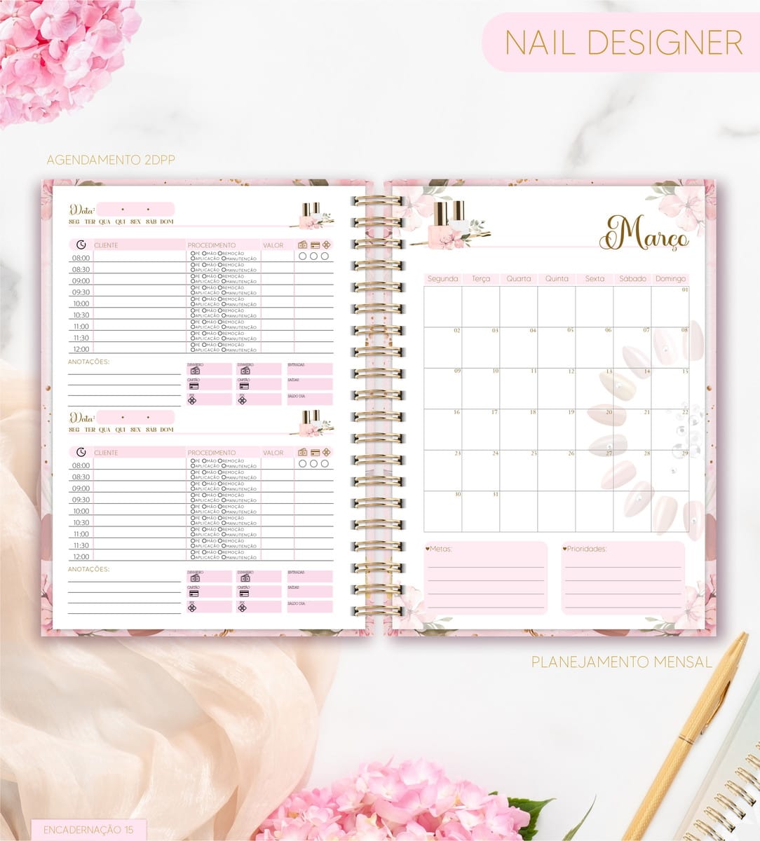 Agenda Nail Designer 2026 Digital com Design Floral 5 Agenda aberta de planejamento para profissionais com campos de agendamento e calendário mensal.
