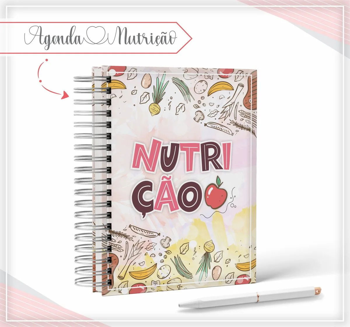 Agenda Nutrição 1 Caderno espiral ilustrado com temática de nutrição e uma caneta branca ao lado