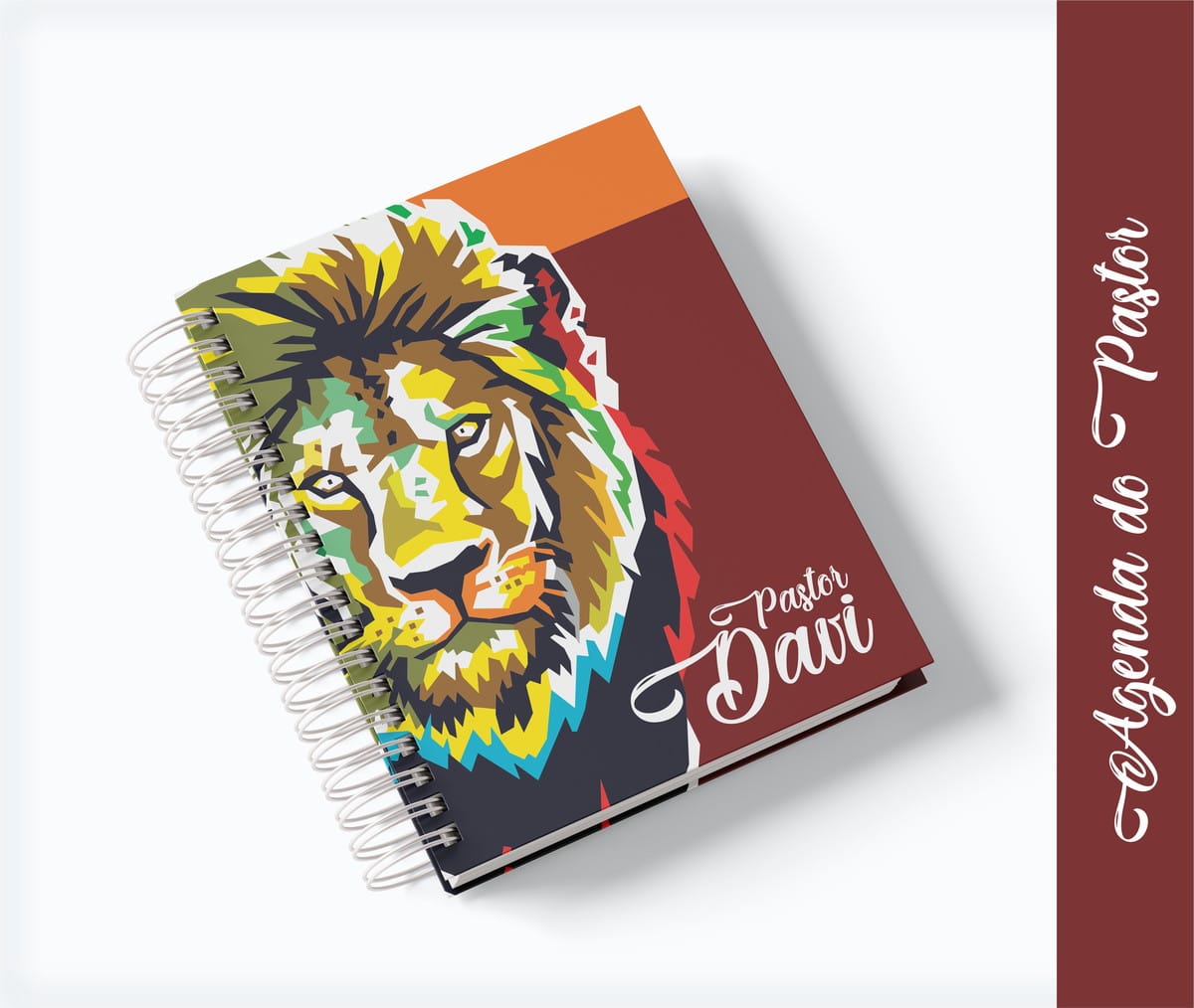 Agenda Pastor Digital A5 com Arte de Leão 1 Arte digital de agenda com capa de leão colorido, espiral e texto.
