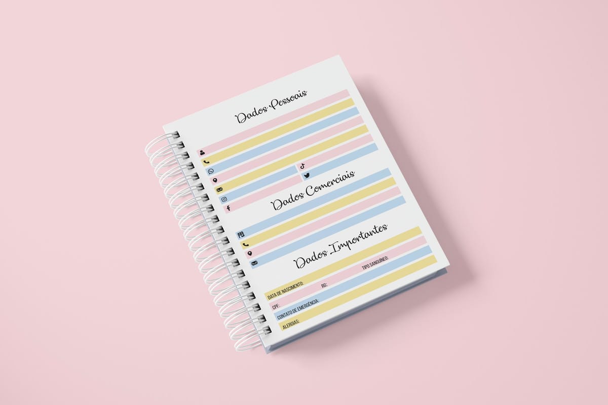 Agenda Permanente Digital 1 Dia por Página para Imprimir 2 Planner digital com seções de dados pessoais, comerciais e importantes em fundo rosa.