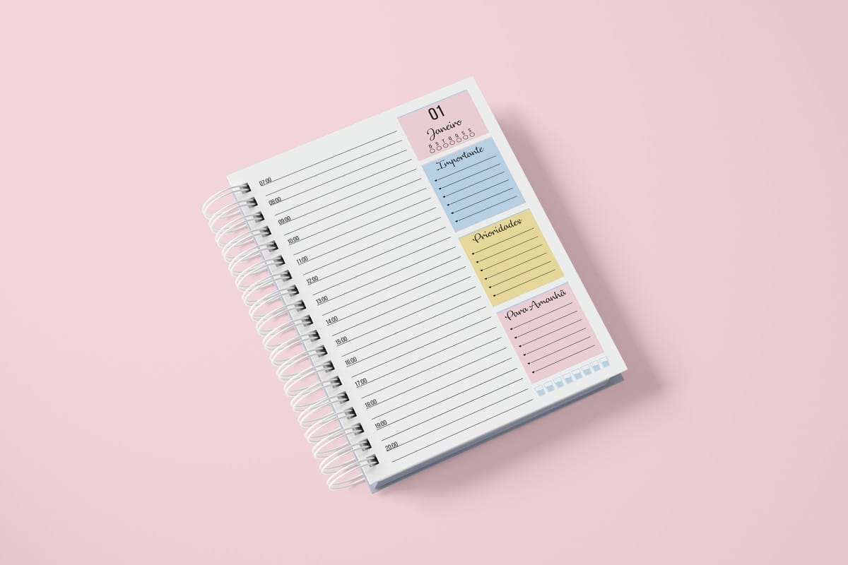 Agenda Permanente Digital 1 Dia por Página para Imprimir 3 Agenda digital diária com horários, notas e prioridades em fundo rosa.