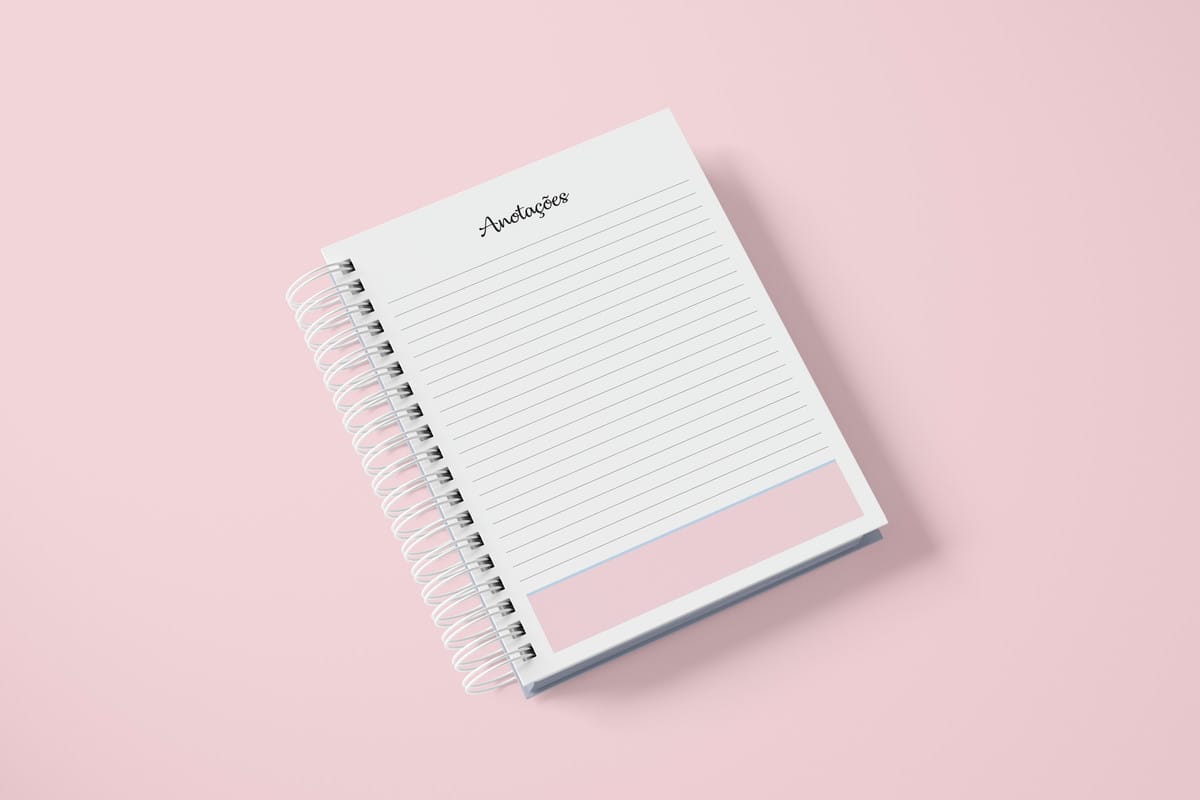 Agenda Permanente Digital 1 Dia por Página para Imprimir 4 Caderno de anotações digital com espiral, página pautada e título 'Anotações' em fundo rosa.