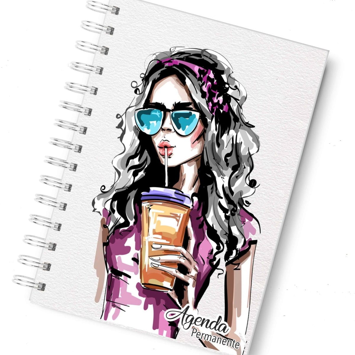 Agenda Permanente Feminina em Aquarela para Imprimir 2 Ilustração de mulher com óculos bebendo em copo colorido em caderno de espiral.