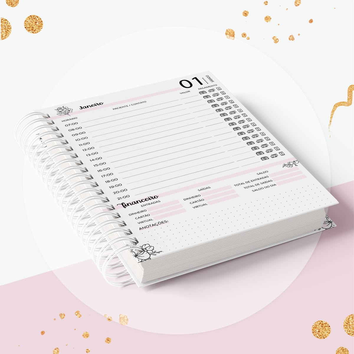 Agenda Psicóloga Digital Datada Floral Romântico 3 Caderno espiral aberto com página de agenda organizada para controle financeiro e compromissos.