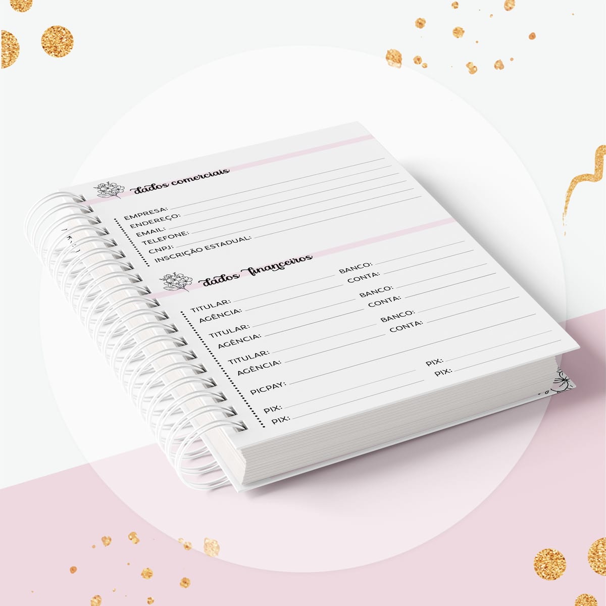Agenda Psicóloga Digital Datada Floral Romântico 4 Caderno espiral aberto com campos para preenchimento de dados comerciais e financeiros.