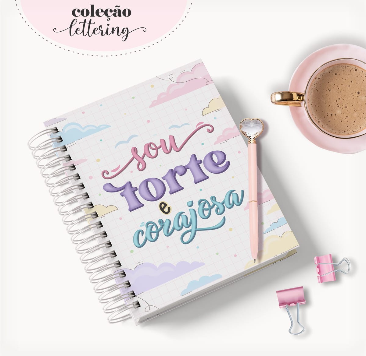 Kit Digital Agenda Feminina Personalizada para Criar e Vender 1 Arte digital de capa de caderno com lettering "sou forte e corajosa" e elementos de escritório.