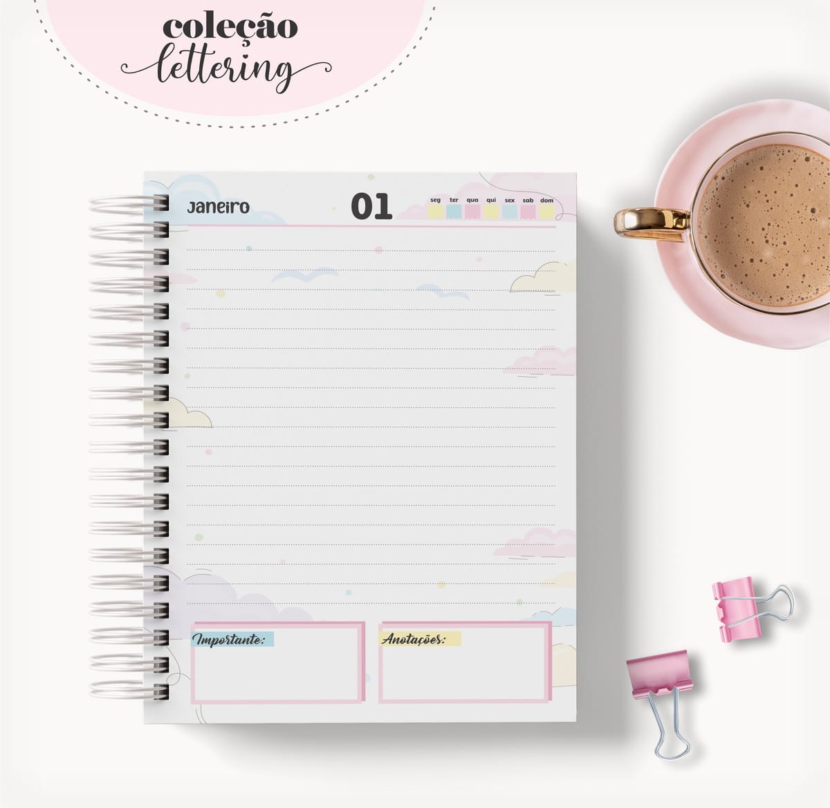 Kit Digital Agenda Feminina Personalizada para Criar e Vender 2 Página de agenda digital com design de nuvens pastel, café e clipes.