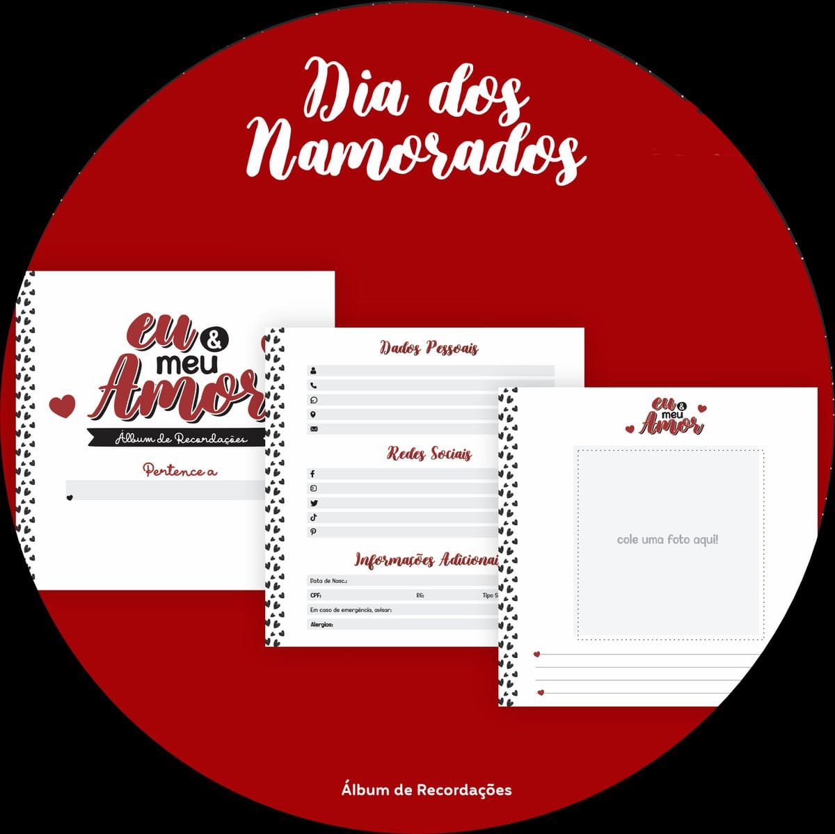 Álbum Dia dos Namorados Digital para Editar e Presentear 1 Arte digital com tema romântico mostrando páginas internas de um álbum