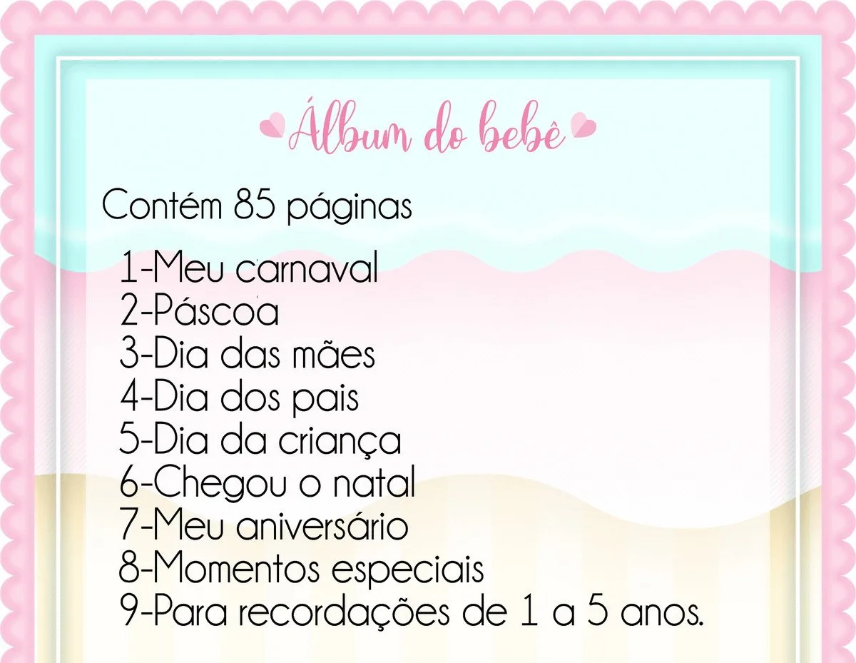 Arte digital com texto em português listando o conteúdo de um álbum infantil.
