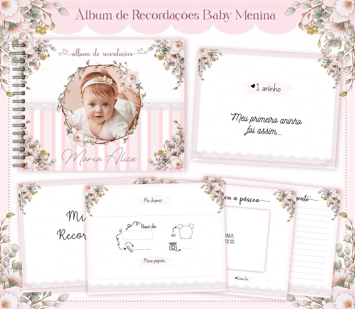 Apresentação de páginas de um álbum de recordações infantil com tema rosa e floral.