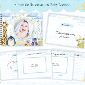 Arte digital de álbum de recordações para bebê menino com capa e páginas internas.