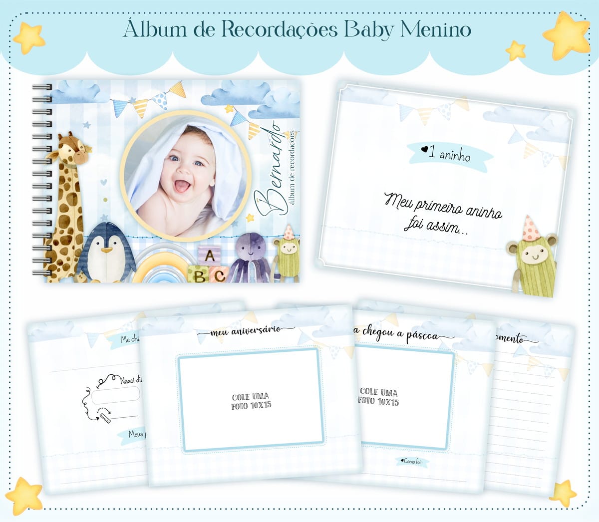 Álbum do Bebê Menino Digital para Imprimir e Personalizar 1 Arte digital de álbum de recordações para bebê menino com capa e páginas internas.