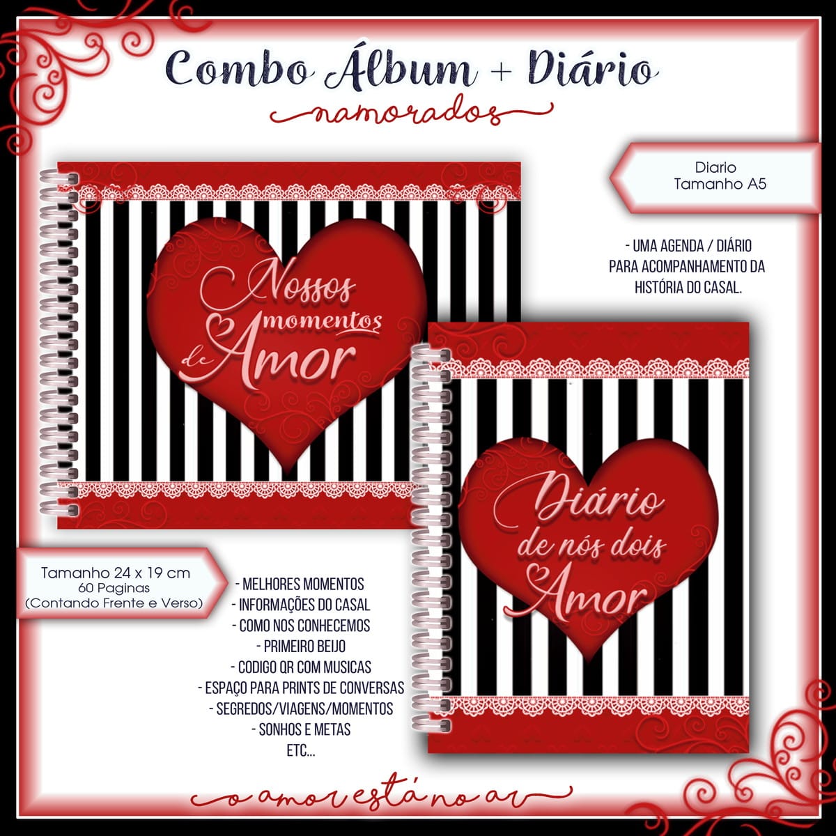 Álbum e Diário Digital Dia dos Namorados Vermelho e Preto 1 Álbum e Diário Digital Dia dos Namorados Vermelho e Preto