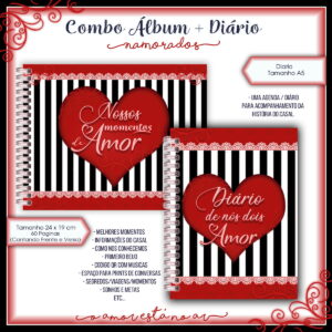 Álbum e Diário Digital Dia dos Namorados Vermelho e Preto 21 Arte digital de um combo de álbum e diário com tema romântico.