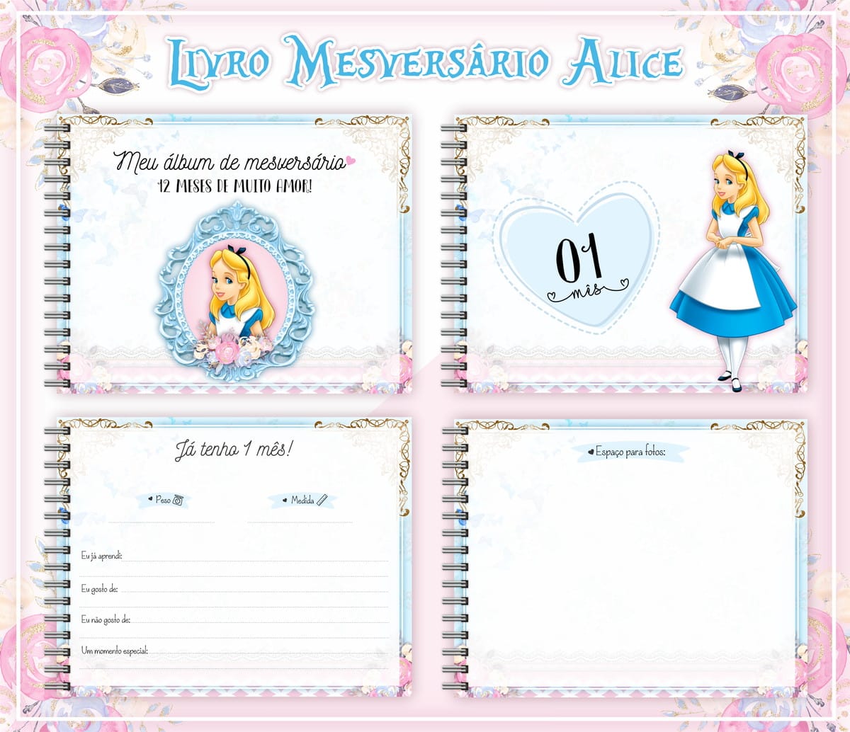 Álbum Mesversário Alice Digital para Imprimir em Casa 1 Álbum Mesversário Alice Digital para Imprimir em Casa