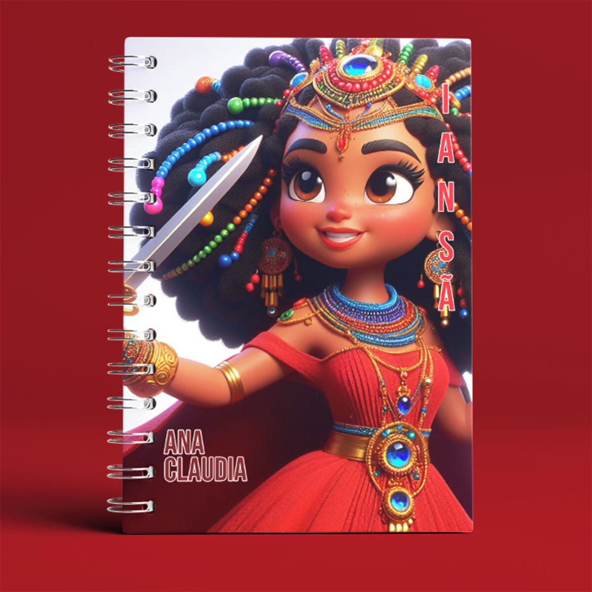 Arquivo Capas de Agenda Orixás em PNG e Corel 2 Capa de caderno com ilustração digital de personagem feminina negra com espada e vestido vermelho