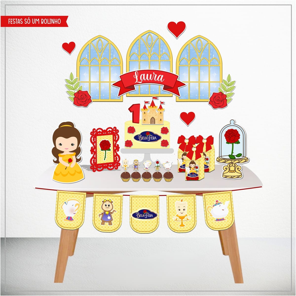 Arquivo de Corte A Bela e a Fera para Festa em Studio e PDF 1 Decoração de mesa infantil temática com bolo, doces, personagens e elementos visuais coloridos.