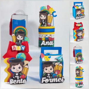 Decorações de formatura com personagens estilo arte digital e elementos escolares coloridos.