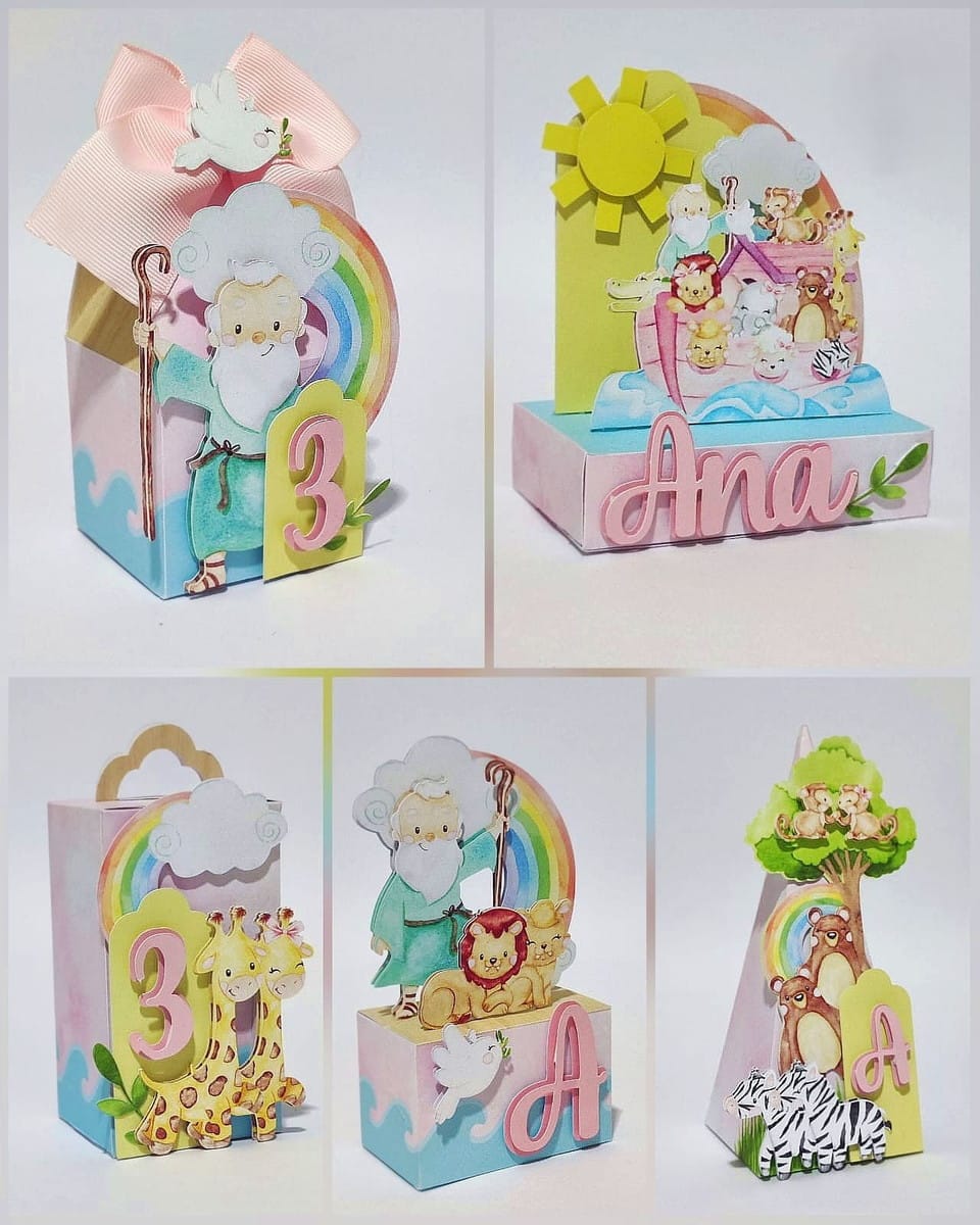 Arquivo de Corte Arca de Noé Menina Digital para Festa 1 Caixinhas decoradas em camadas de papel com temas religiosos e animais infantis fofos.