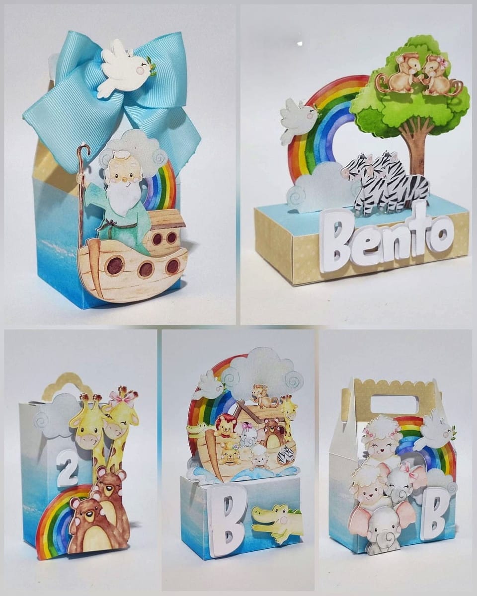 Arquivo de Corte Arca de Noé Menino para Festa Infantil 1 Conjunto de caixinhas personalizadas com temática de arca e animais
