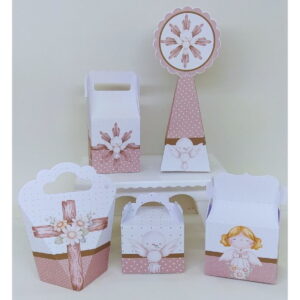 Conjunto de caixas de papel decoradas com temas religiosos em tons rosa e branco.