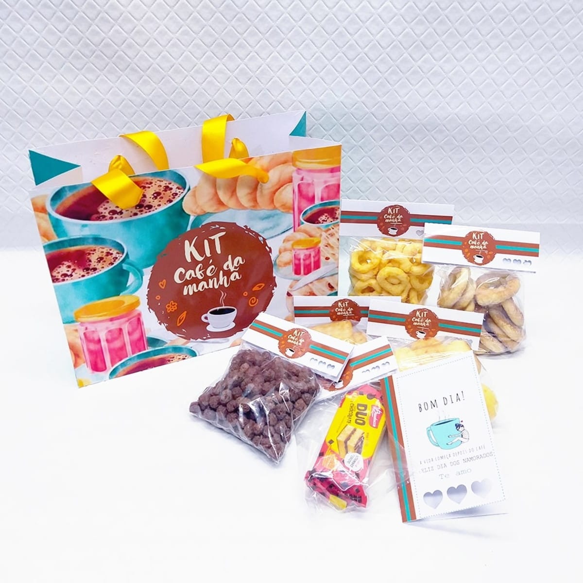 Arquivo de Corte Café da Manhã Digital para Lembrancinhas 1 Saco de presente e saquinhos com alimentos variados sobre fundo branco