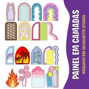 Ilustrações digitais de formatos variados de painéis decorativos com elementos e cores diferentes.